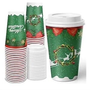 40ct Christmas Disposable Coffee Cups 16oz With Lids Holiday Hot Cups